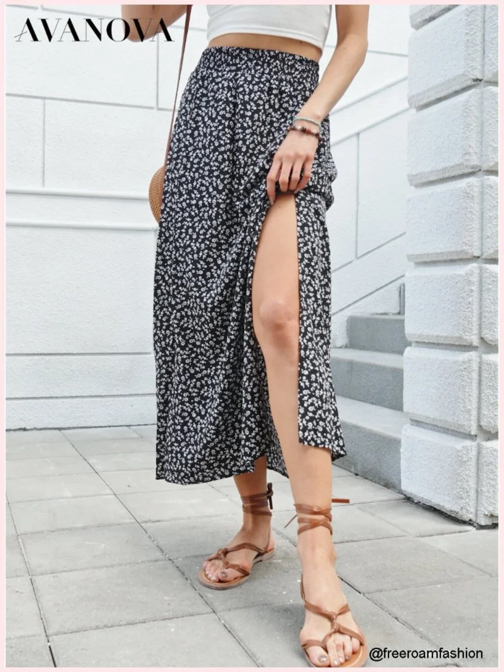 Women Boho Floral Slit Maxi Skirt High Waisted Long Skirt